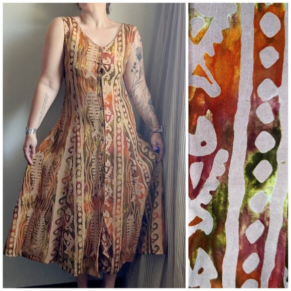 PRICE FIRM Vintage Y2K 00s Eyes of the World Tie Dye Fish Beach Boho Dress S/M - Picture 1 of 8